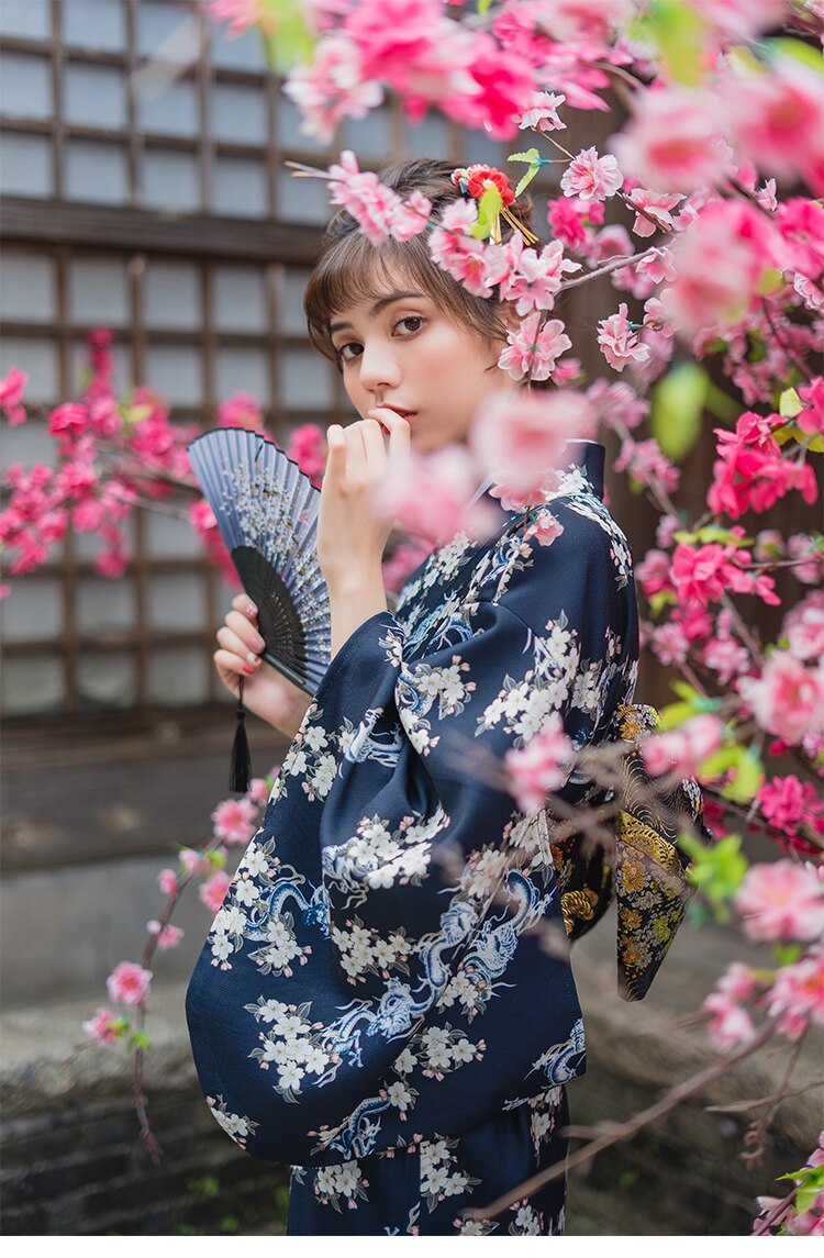 Kimono Femme Traditionnel Bleu & Fleuri